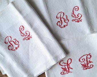French Monogram Linen Napkins Set, Antique Damask Table Linens with Red Embroidery, Red Monogrammed Damask Table Linens, Cottagecore Decor