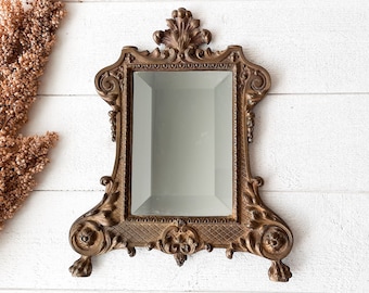 Antique French Bronze Beveled Glass Louis XV Mirror, Vintage Rococo Style French Bronze Floral Rectangular Frame Mirror