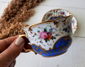 French Romantic Porcelain Cup and Saucer Limoges France, Blue and Gold Handpainted Floral Cup Set