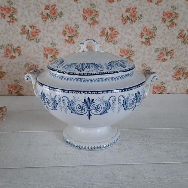 Soupière en pierre de fer française LUNEVILLE Malmaison, soupière avec couvercle en transfert de couleur bleu antique, soupière French Soupiere