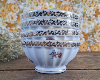Set of 4 French Café au Lait Bowls, 1950s Floral Limoges Porcelain, Vintage Breakfast Bowls, French Tableware