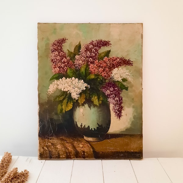 Large Original Bouquet of Mauve Lilac Flowers, Signed, Recto Verso Oil Painting on Canvas, Antique French Still Life Painting