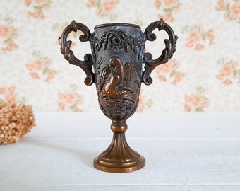 Antique Brass Vase with Doves and Ornate Handles, Flower Vase with Doves, Brass Goblet, Pedestal Vase Small