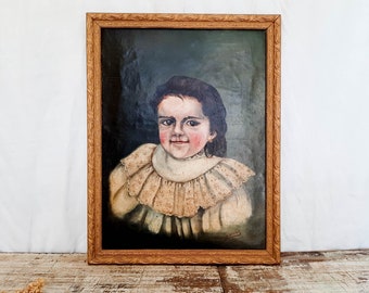 Large Original Framed 19th Century Oil Painting from France of Young Girl with a Lace Collar, Creepy Still Life Painting Canvas Vintage