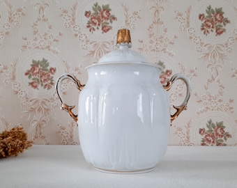 Sucrier en porcelaine avec couvercle, porcelaine blanche avec détails dorés de Limoges France, bidon de sucre, pot à sucre vintage