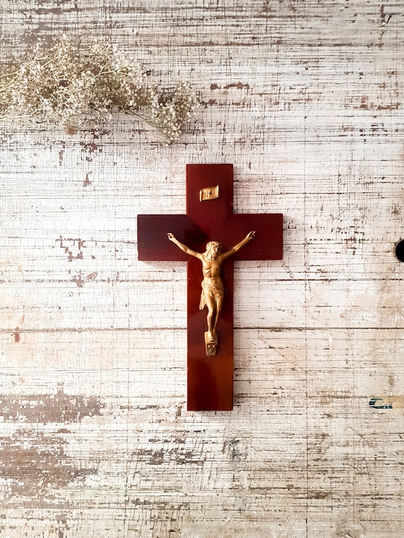 Crucifijo francés antiguo de pared, cruz INRI, crucifijo de madera,  decoración de pared religiosa, católica de pared, -  España