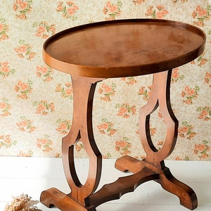 Vintage French Wooden Walnut Ovale Gueridon, Wood Sellette Pedestal Wine Table,  Side End