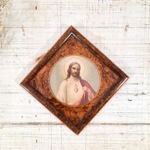 French Vintage Wall Square Religious Icons Framed Art Sacred Heart of Jesus