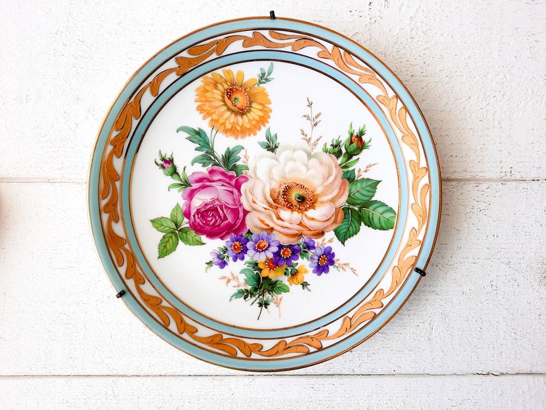 Rehausse Main plate with Stand, Limoges Plate Hand Painted, Ornate Plate Gold Trim Plate, Flowers Plate, Decorative Wall Hanging Plate image 1