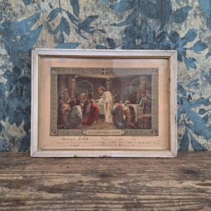 Certificato di Prima Comunione incorniciato del 1935, litografia pia, litografia antica, incisione religiosa, decorazione murale religiosa, arte murale cristiana