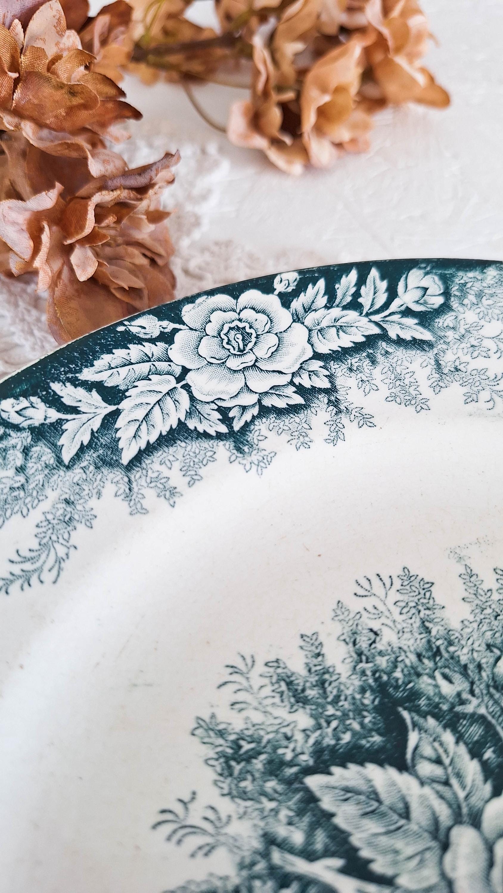 Rare Green Transferware Plate Saint Amand Jardiniere, Terre De Fer