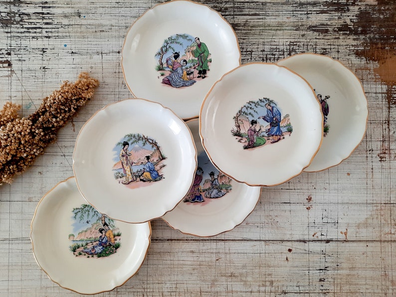 Set of 6 French Vintage ST AMAND Ceranord China White Dessert Plates Japanese Decor, Rustic Tea Party, Cottage Chic, Side Plates Porcelain image 1