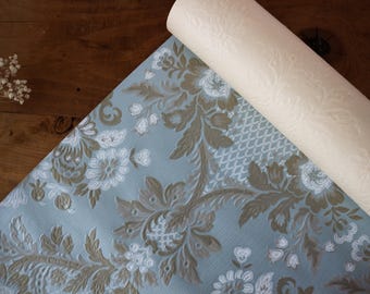 Vintage French Damask Embossed Wallpaper, Blue and Gold Ornate Floral Design, Never Used