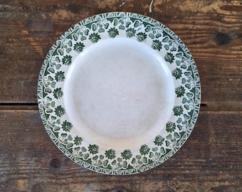 May include: A round ceramic plate with a plain white center and a wide rim featuring a repeating green botanical pattern of clover leaves and hop cones arranged in a decorative border against a white background.