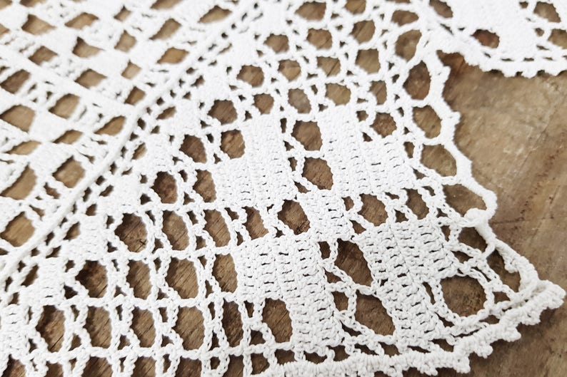 French Vintage Handmade Crocheted Lace Tablecloth White Crochet Table Runner