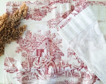 Pair of Toile de Jouy Curtains in Red "Les Beaux Jours" , Handmade Vintage, Shabby Chic Style, French Chateau