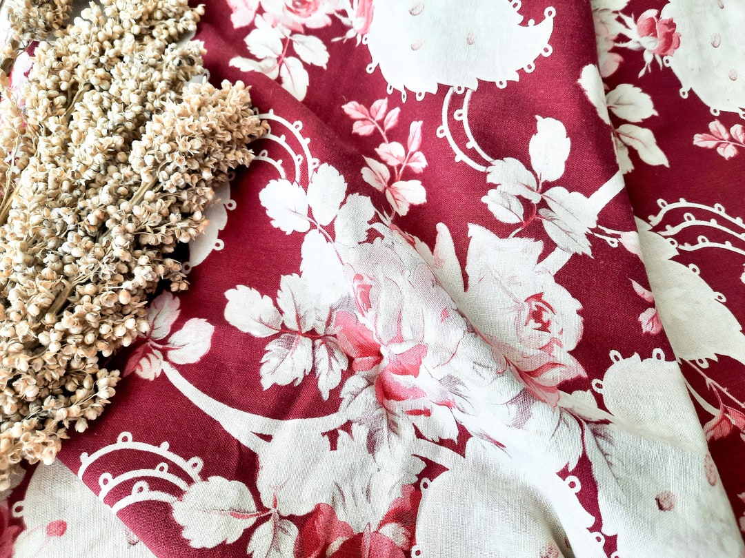 Extra Large French Vintage Art Nouveau Red Floral Fabric Floral Bouquet ...