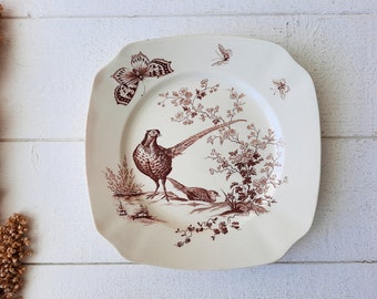 Vintage Brown Transferware Square Plate Dieu est mon Droit, Birds and Butterflies Decorated, Wall Hanging China Plate, Made in England
