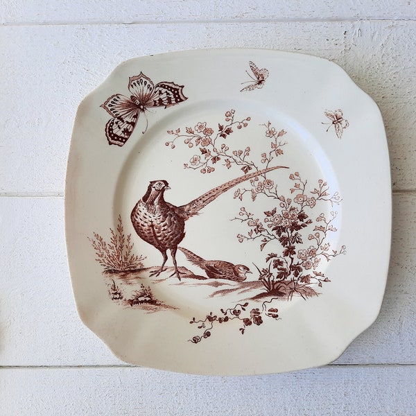 Assiette carrée en transfert de couleur marron vintage Dieu est mon droit, décorée d'oiseaux et de papillons, assiette en porcelaine à accrocher au mur, fabriquée en Angleterre