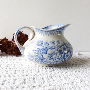 Antiker französischer Eisensteinkrug, Saint Amand Hamage Jardinière Krug, Terre de Fer Blue Transferware, französisches Bauernhausdekor