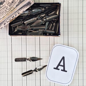 K&ouml;nnte beinhalten: Eine rechteckige Pappschachtel mit der Aufschrift "LOISE" und "PLUMES", die zahlreiche metallisch silberne Kalligrafiefedern enth&auml;lt. Zwei weitere Metallfedern liegen neben einer wei&szlig;en Karte mit dem schwarzen Buchstaben "A".