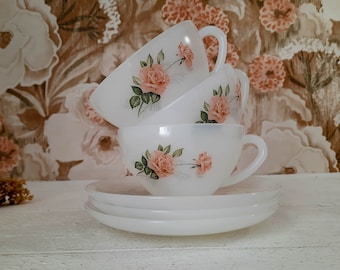 Set of 3 ARCOPAL Large  Milkglass Tea Cup Set with Pink Roses Shabby Chic Tea Cups and Saucers Vintage