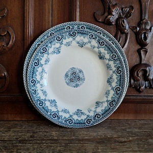 Conjunto de 2 placas de piedra de hierro francesas antiguas Trianon de Allez Frères 1900s Blue Transferware Terre de Fer, Motivo de pergamino floral, Belle Époque