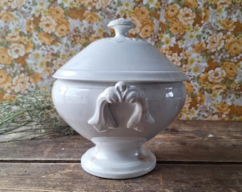 Antique White Ironstone Luneville China, French Ironstone Soup Tureen with Lid, Antique Faience White Soupiere, Soup Tureen Tea Stained