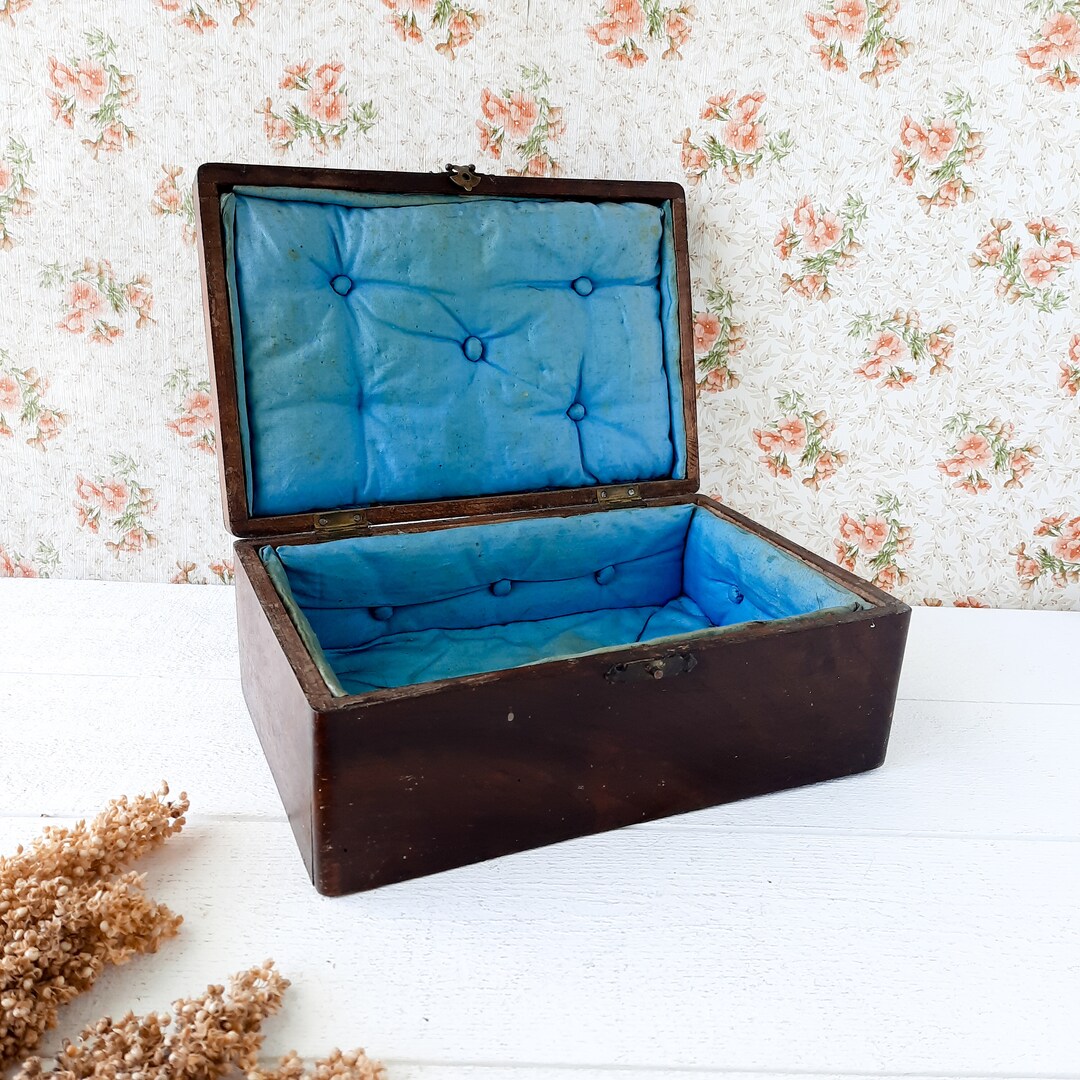 Large French Vintage Jewelry Box Wood and Blue Silk, Napoleon III Box With Lid and Handle Etsy