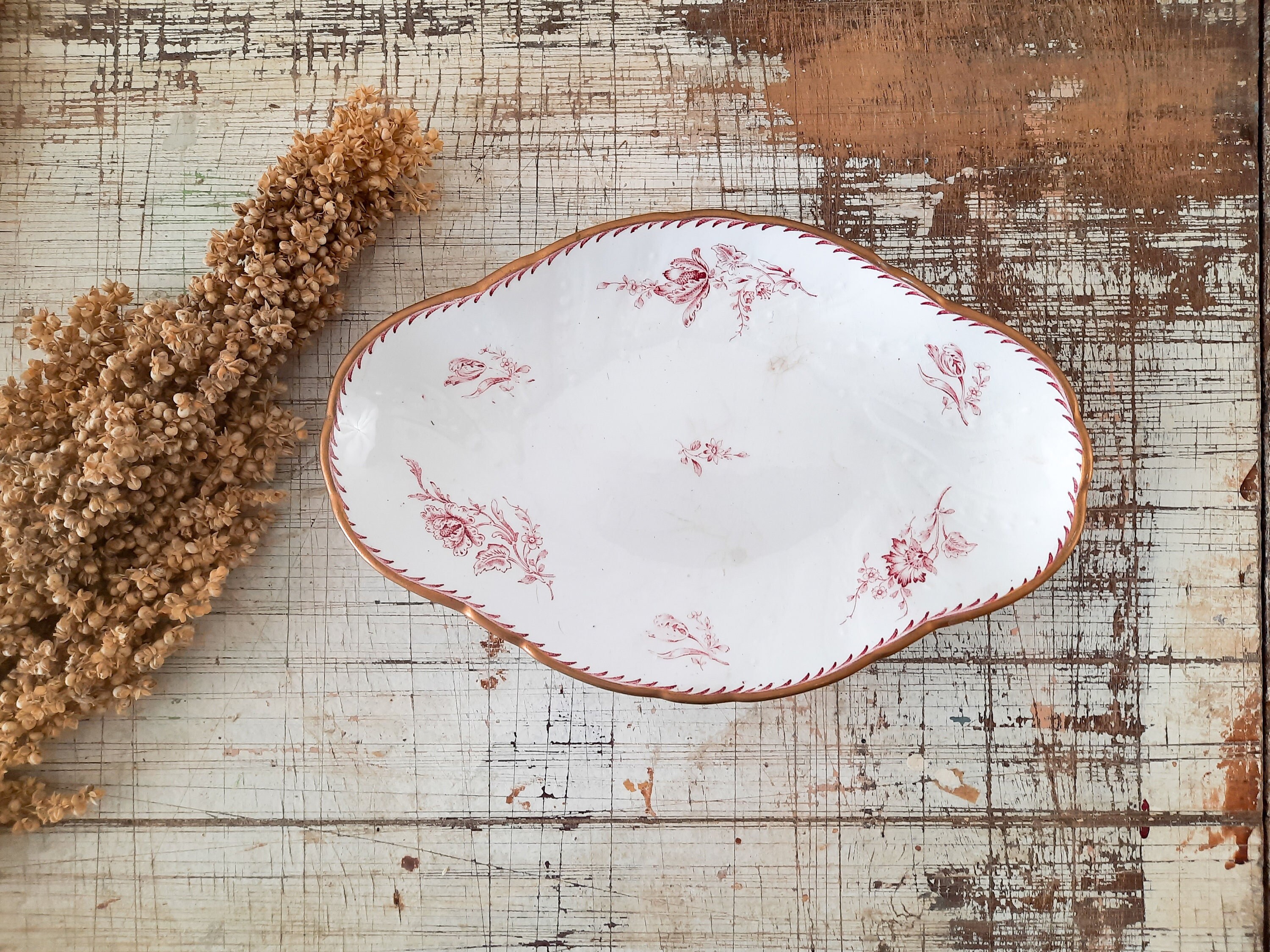 Français Antique Red Transferware Servant Dish Oval Shape Luneville Saxe Trinket Shabby Chic, Cerami