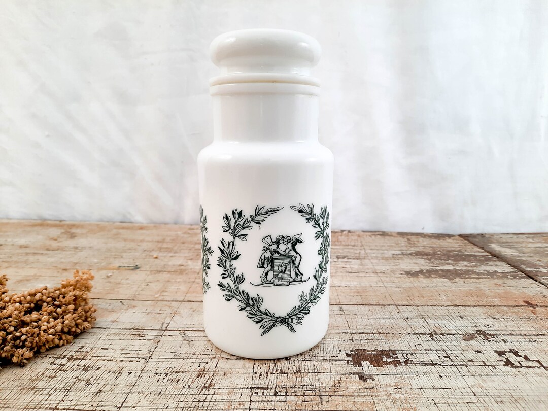 French Vintage Milk Glass Jar With Lid Green Canister Jar for Etsy