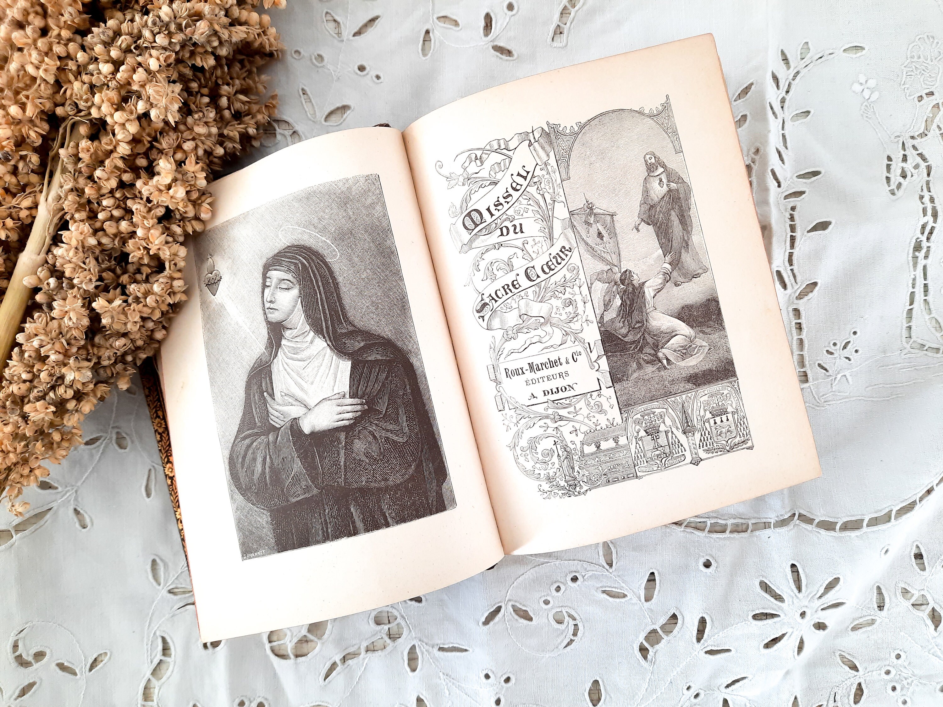 Missel Catholique Vintage Livre Relié en Cuir Monogramme mm 1901, Sacré-Cœur Français de Prières, Bi