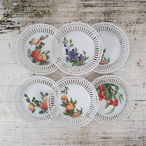 Set of 6 Antique White Reticulated Plate, SCHONWALD Porcelain 1920s Ribbon Plate, Hand Painted, Signed, Lattice China Plate Vintage