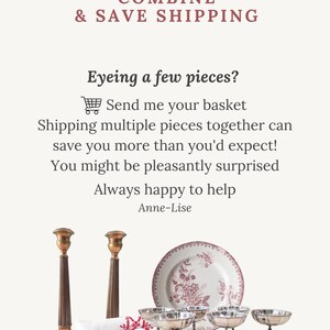 K&ouml;nnte beinhalten: Zwei hohe bronzefarbene Kerzenst&auml;nder, ein Stapel wei&szlig;er Leinen mit roter Stickerei, ein wei&szlig;er Teller mit rotem Blumenmuster und vier silberfarbene Metallschalen. Der Text lautet: COMBINE & SAVE SHIPPING, Eyeing a few pieces? Send me your basket.