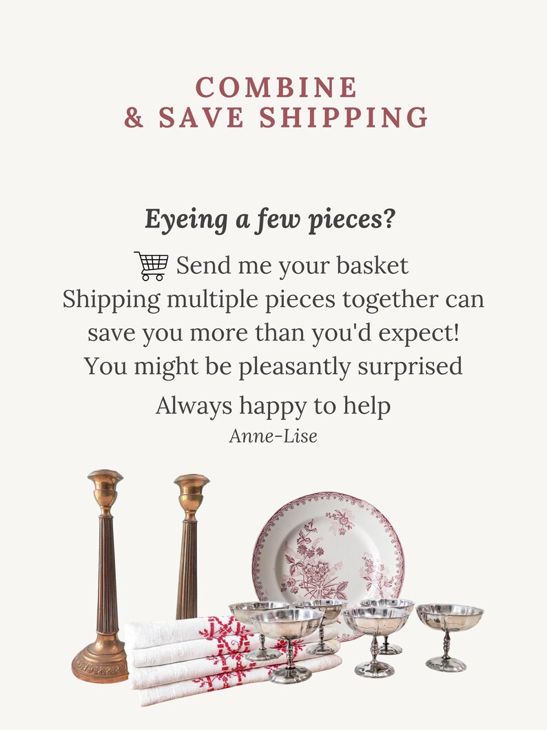 K&ouml;nnte beinhalten: Zwei hohe bronzefarbene Kerzenst&auml;nder, ein Stapel wei&szlig;er Leinen mit roter Stickerei, ein wei&szlig;er Teller mit rotem Blumenmuster und vier silberfarbene Metallschalen. Der Text lautet: COMBINE & SAVE SHIPPING, Eyeing a few pieces? Send me your basket.