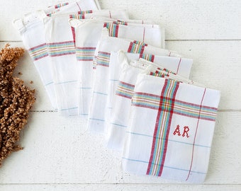 Set of 6 Large French Linen Torchon Vintage, Monogrammed Kitchen Tea Towel AR, Linen Antique, Red and Green Stripes, Linen Towel