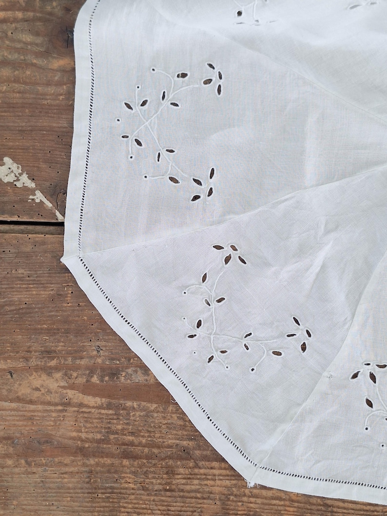 Puede incluir: Un tejido blanco con delicados bordados de ojal en un patr&oacute;n repetitivo de enredaderas florales. Los bordes est&aacute;n rematados con un dobladillo recto y un detalle de punto de escalera, mostrando una textura blanca limpia y n&iacute;tida.