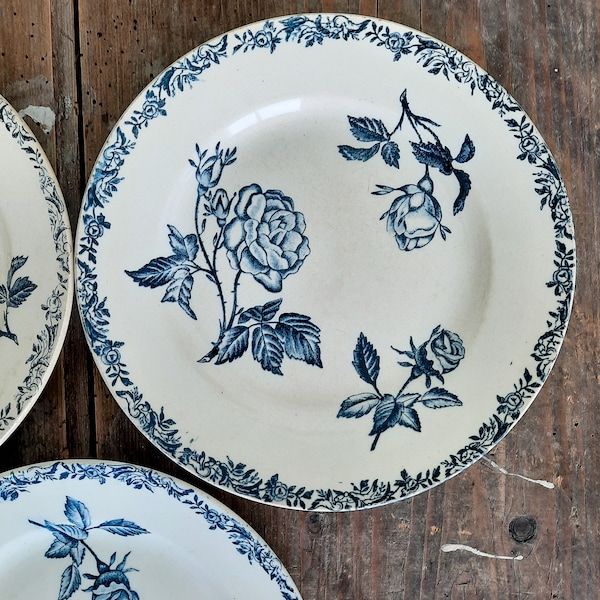 Ironstone Plate Rose Blue Transferware Plate Terre de Fer 1900s, Antique French Rose Plate, Blue Plates, Collectible plate, for ONE