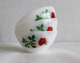 Red Rose Milk Glass Cafe au Lait Bowl from ARCOPAL France, White Opaline Glass Bowl, Milk Glass Bowl, French Breakfast, For ONE