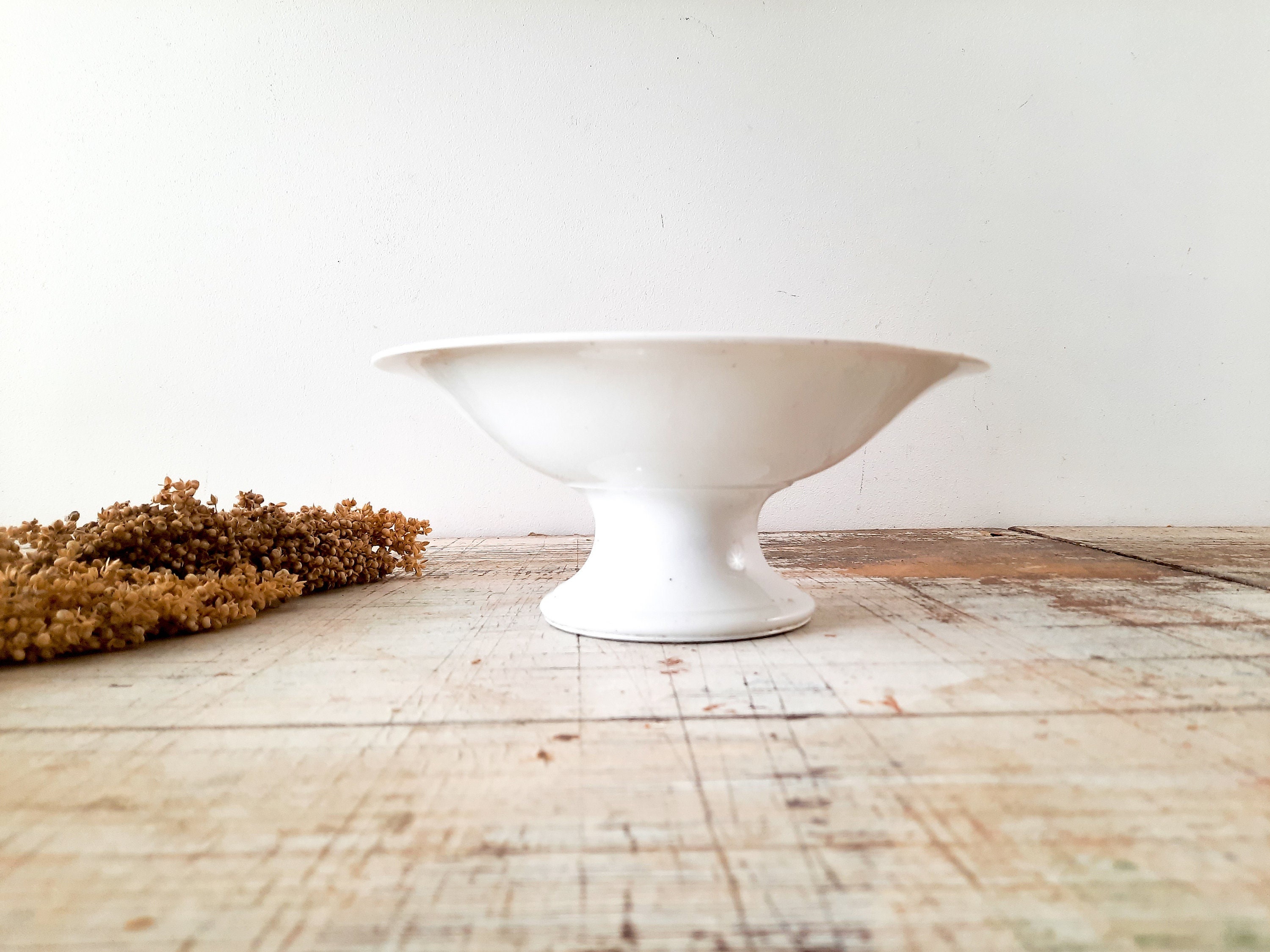 Antique Français Ironstone Compote Dish Pillivuyt White Limoges Chine, Pedestal Fruit Bowl Ceramic, 