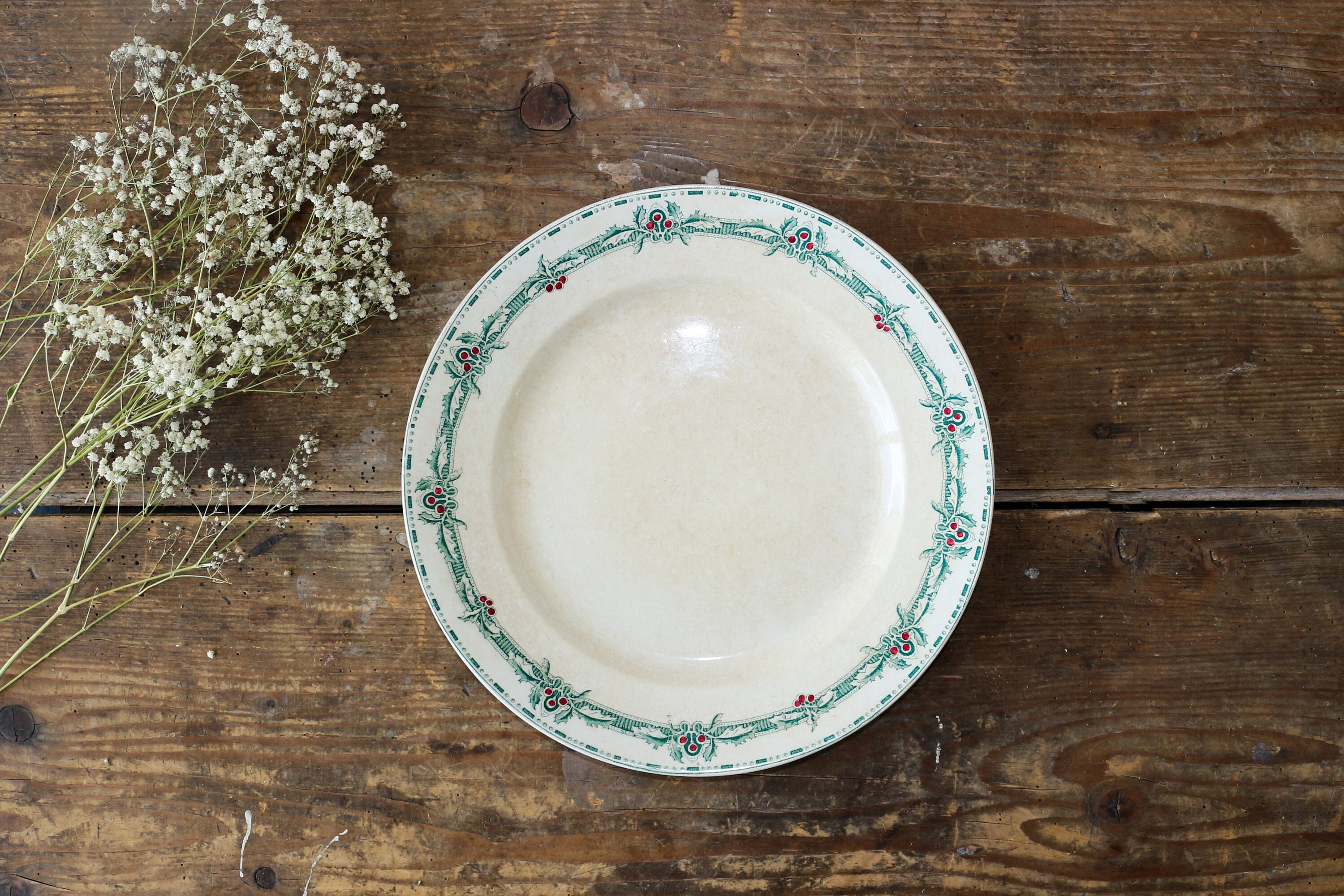 Large French Vintage Ironstone Round Serving Platter Green