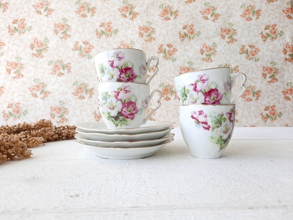 Limoges Porcelain Coffee Set With Pink Roses, Vintage French Cups