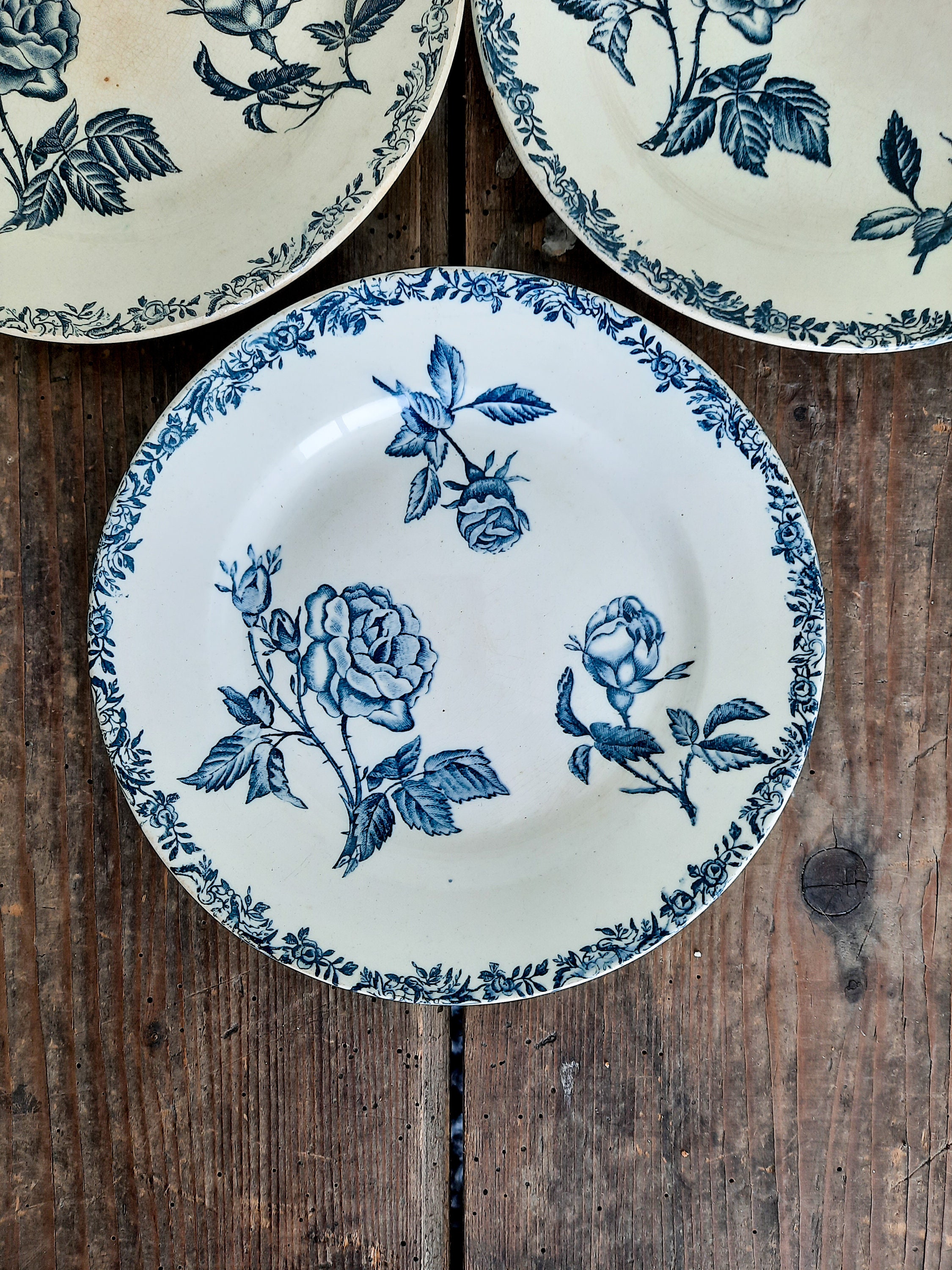 Ironstone Plate Rose Blue Transferware Plate Terre De Fer 1900s