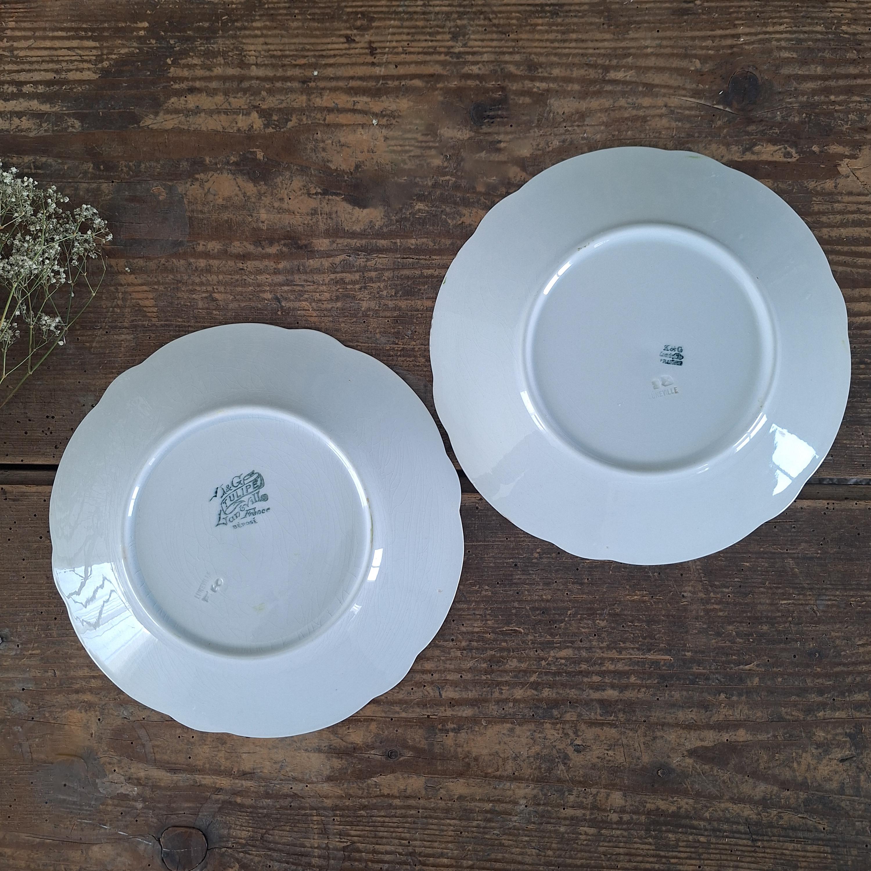 Pair of Antique Luneville Plates K&G Tulipe Pattern, French Terre