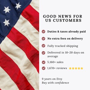 May include: A graphic featuring the American flag on the left and text on the right. The text reads: GOOD NEWS FOR US CUSTOMERS, Duties & taxes already paid, No extra fees on delivery, Fully tracked shipping, Delivered in 10-20 days on average, 5,160+ sales, 1,670+ reviews with five yellow stars, 9 years on Etsy, Buy with confidence.