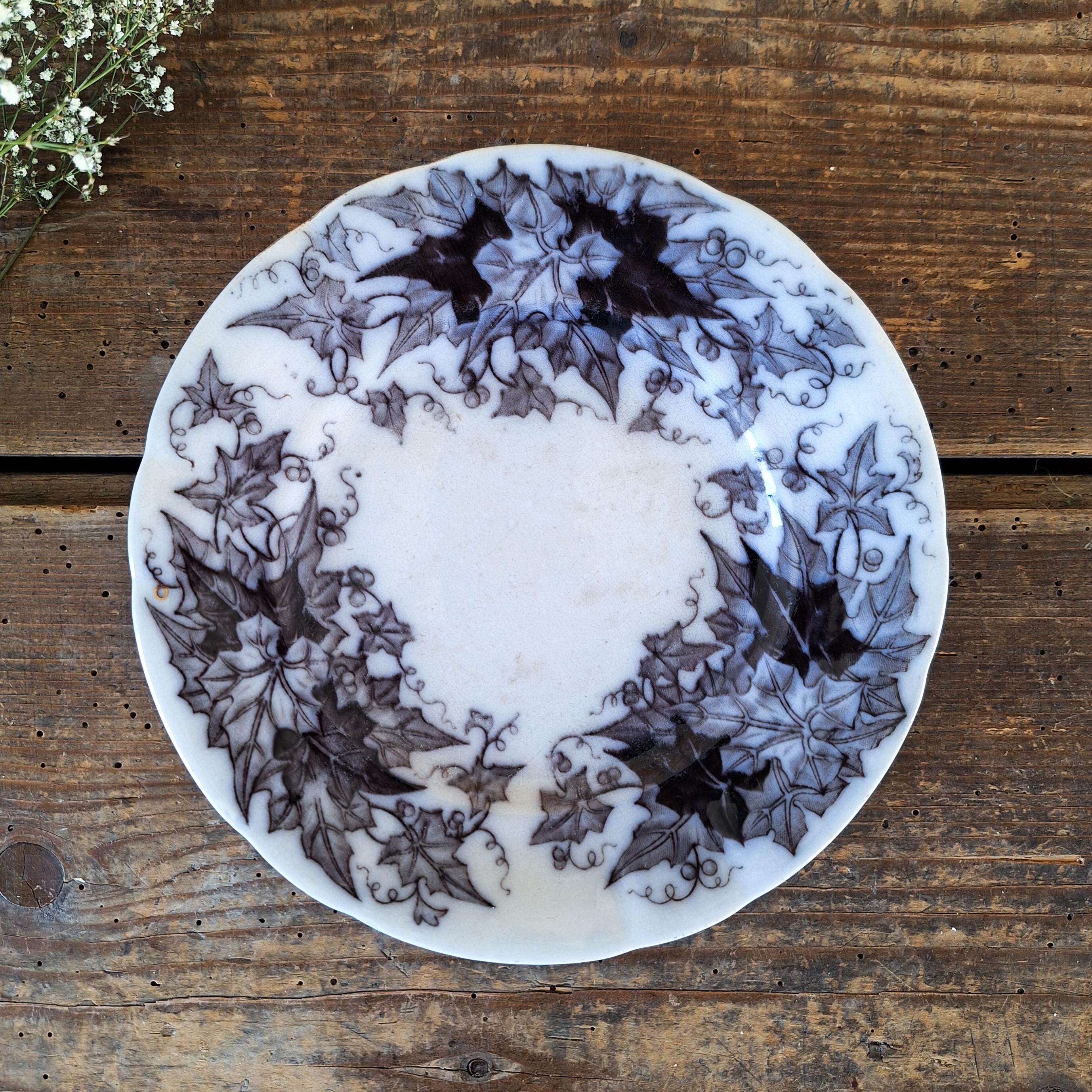 Antique Ironstone Black Gray Plate SARREGUEMINES Bryonia, Black Transferware Plate Gold Accents Terre de Fer 1890s