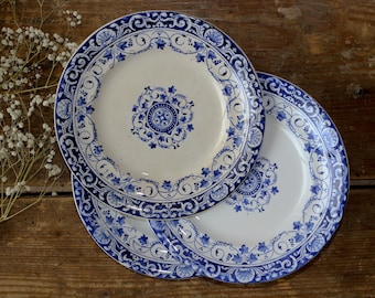 Juego de platos azules LONGWY Luis XV Terre De Fer Plato de transferencia  azul Plato antiguo francés Loza de transferencia,