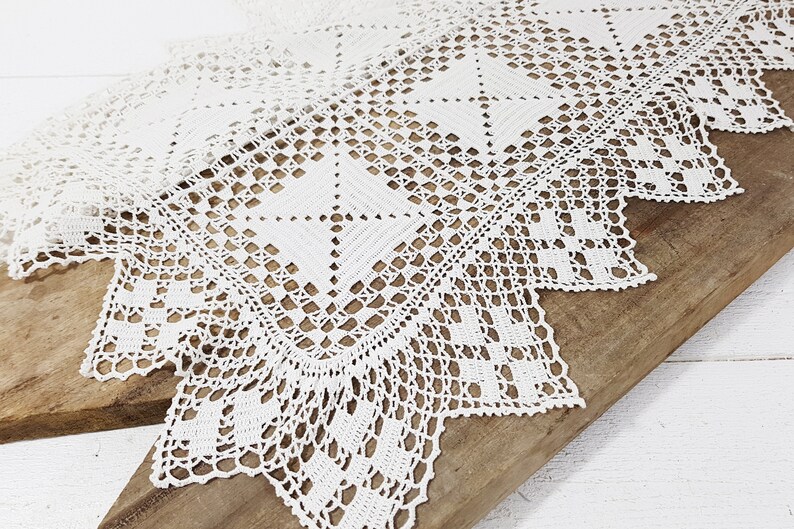 French Vintage Handmade Crocheted Lace Tablecloth White Crochet Table Runner