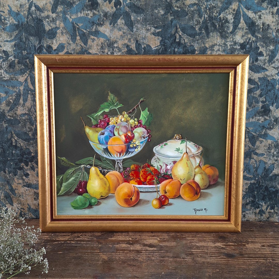 Extra Large Vintage Fruit Still Life Oil Painting, Wood Framed Canvas ...