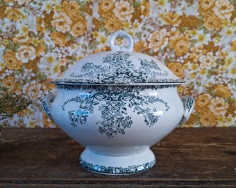 Large Green Transferware Ironstone French Tureen A.Lebacqz St Amand Pedestal Tureen with Lid